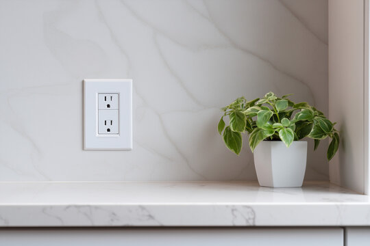 Minimalist image of a white electrical outlet and green houseplant on marble counter