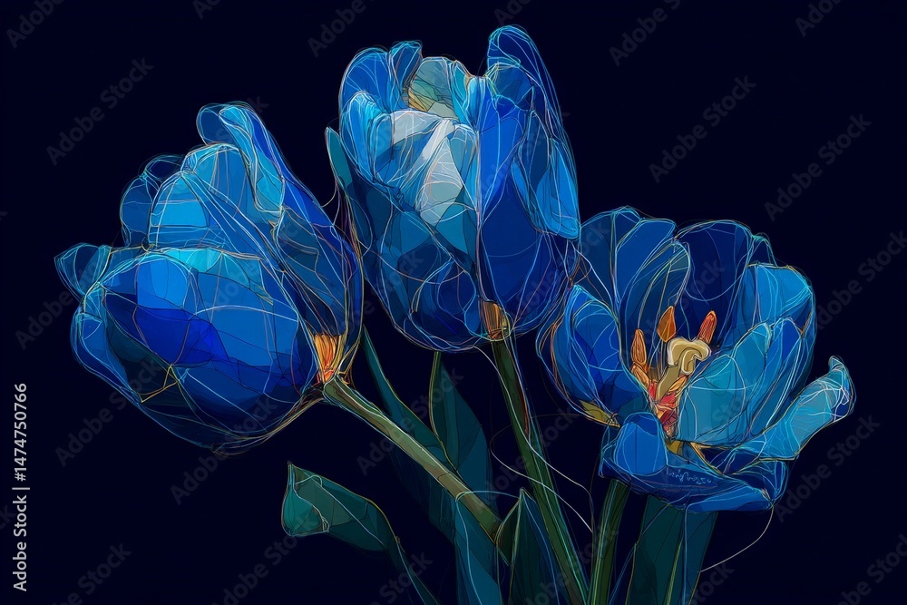 Poster blue tulips in a modern artistic style showcase vibrant colors and intricate details, blending natur