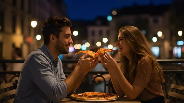 Romantic couple sharing pizza at night restaurant date enjoying food fun 4k video