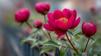 Obraz premium Deep pink blossoms with yellow centers bloom on a fence, soft background bokeh