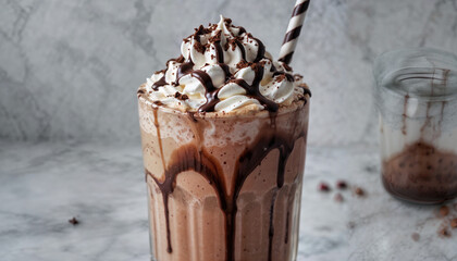 Rich chocolate milkshake topped with whipped cream and chocolate drizzle, placed on a marble countertop, captured in high resolution to highlight its creamy and indulgent appearance.