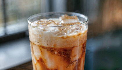 Iced latte with visible coffee layers, milk foam on top, and ice cubes, captured in high clarity and bright lighting to highlight the refreshing drink.