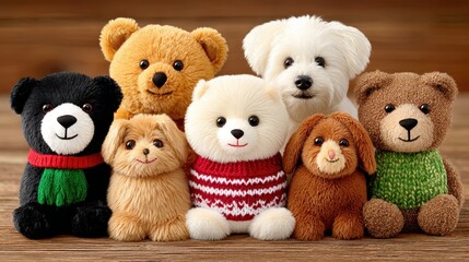 Adorable Plush Toy Animals on Wood Brown and Black Bears, Pomeranian, Puppies