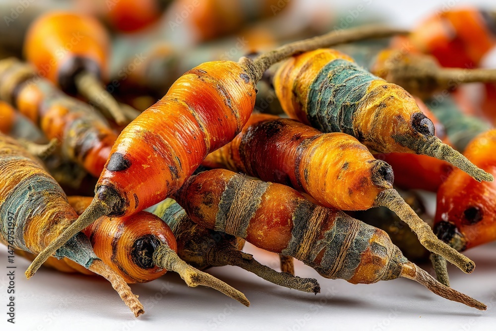 Poster colorful orange and blue plant roots arranged in a close-up display highlighting their texture and d