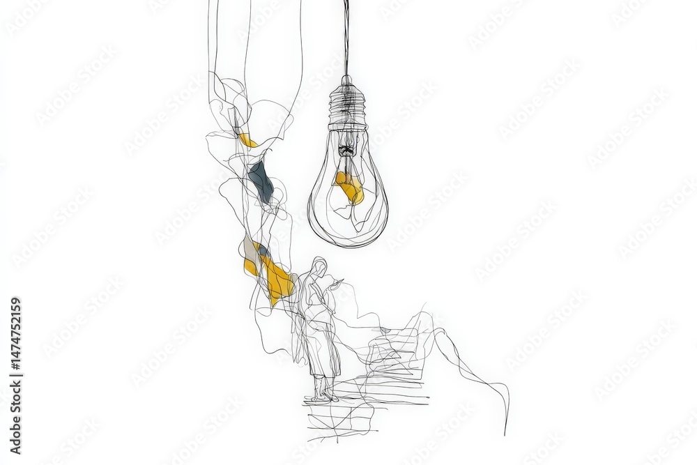 Poster Light bulb illuminates artist standing on stairs in abstract design with vibrant colors in a creative space