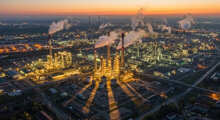 Fototapeta premium Large industrial plant or oil refinery at twilight with smoke