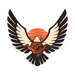 eagle with spread wings and mountains landscape and sun, outdoor logo design, American eagle emblem