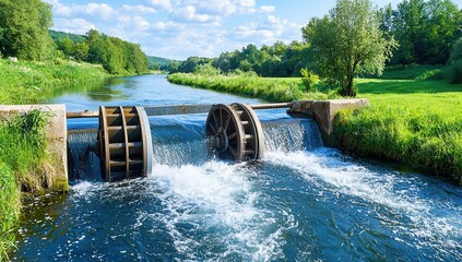 Water Wheels on River with Small Waterfall