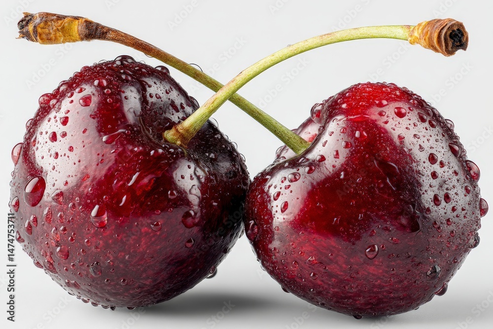 Poster fresh red cherries with droplets captured in studio setting showcasing their vibrant color and natur