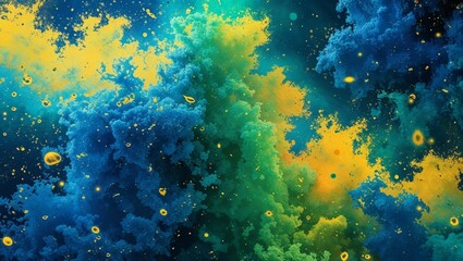 Bright, colorful, abstract watercolor and grunge textures create a vibrant galaxy night sky pattern with fractal light and star illustrations