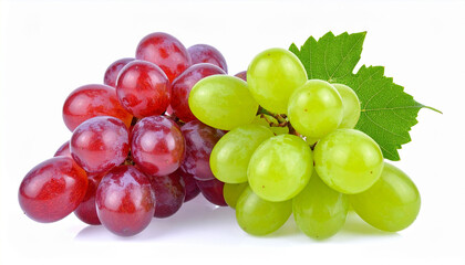 Fototapeta premium the photo features two bunches of fresh fruit arranged side by side, against a plain light surface. one bunch is composed of deep red spherical fruits, while the other is a bright green variety