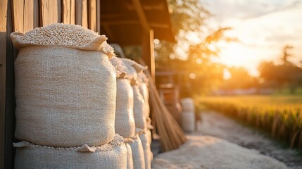 Obraz premium Grain sacks stacked near barn, sunlight