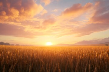 Obraz premium Golden Wheat Field at Sunset with Warm Light and Cloudy Sky