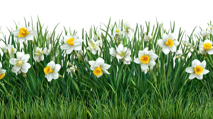 Fototapeta premium Green Grass and Daffodils Seamless Border on Transparent Background