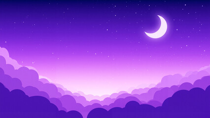 Fototapeta premium A night sky illustration filled with stars and a crescent moon, illuminated by a soft purple hue. The sky is filled with fluffy clouds, creating a serene atmosphere. Wallpaper, copy space.