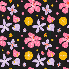 Tropical summer flower seamless pattern design with different types of exotic spring blooming floral vector cartoon groovy funky boho hippie illustration for package wrapping paper decor