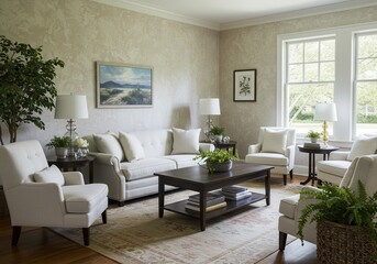 Fototapeta premium A living room with white furniture, a dark wood coffee table, and neutral colored walls and rug decor