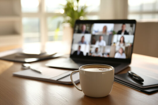 Coffee cup on desk in front of laptop screen showing virtual webinar meeting with team participants