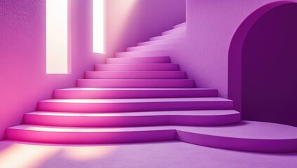 Pink spiral staircase, arched doorway, sunlit room, modern interior design, website banner