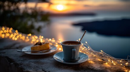 Cup of delicious coffee on blurred background of Portofino, Italy. Romantic evening view.