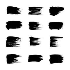 A collection of modern grungy paint brush strokes is presented, featuring calligraphy with straight smears, stamp, and lines, all hand drawn in ink and isolated on a white background with modern