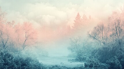 Serene landscape featuring a misty river surrounded by pastel-colored trees and clouds at dawn