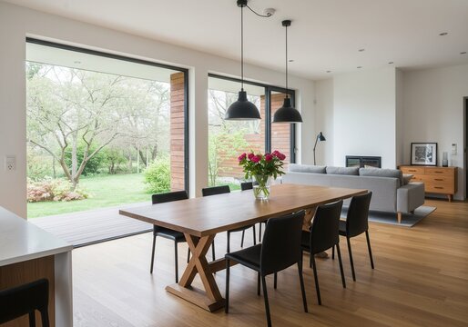 Dining area with wooden table chairs and flowers in a modern house with garden view outside window