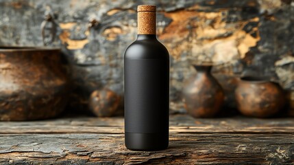  Sleek black wine bottle with cork, blank label.