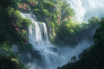 Serene waterfall with lush greenery and mist in the air.