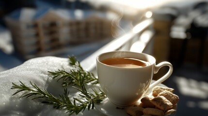 Cup of hot drink (coffee or tea) on background of winter resort.
