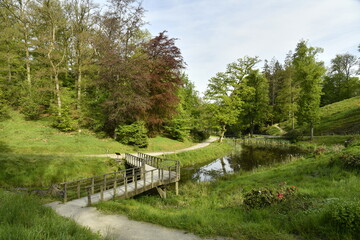 Promenade avec passerelles au dessus des plans d'eau en cascade en pleine v&eacute;g&eacute;tation luxuriante au domaine provincial de Chevetogne &agrave; Ciney (Dinant)