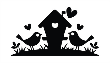 Love Birds with Birdhouse and Hearts in Black Silhouette