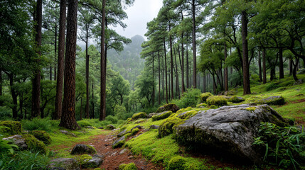 Obraz premium Lush green forest with tall trees and mossy rocks, peaceful natural atmosphere