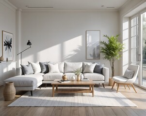 Bright Nordic living room with light gray sofa and wooden coffee table taking advantage of natural light