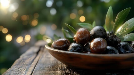 Delicious ripe olives in a bowl. Based on Generative AI