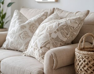 Living room with neutral cushions and rattan basket detail shot