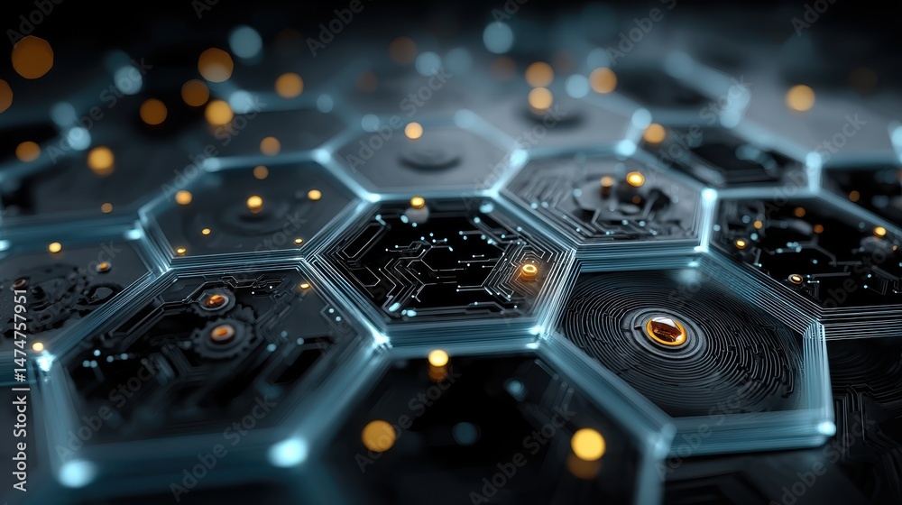 Poster vector illustration gear wheel hexagons and circuit board hi tech digital technology and engineering