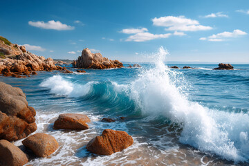 Fototapeta premium Ocean wave crashing on sandy shore with blue sky and rocks under fluffy clouds
