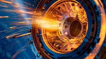 Spacecraft reentering Earths atmosphere with glowing heat shield and fiery plasma trail. Dramatic space exploration, orbital descent, and aerospace technology concepts.