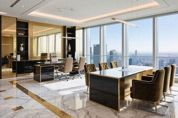 Sophisticated modern penthouse office with designer leather and velvet seating. Ideal for luxurious office design and high end workspace inspiration.

