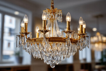 Ornate crystal chandelier hanging in a room with another one in the blurred background