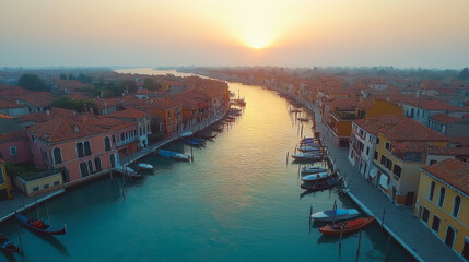 Fototapeta premium Overhead look at Murano, Italy's charming canals and vivid rooftops in the historic quarter.