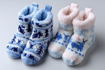 Cozy knitted socks designed for winter wear with playful animal patterns in soft pastel colors