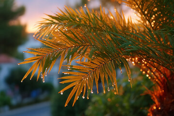 Palm fronds glisten with dewdrops, bathed in the golden light of sunset over a cityscape