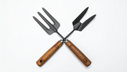 Naklejka premium the image features two metal gardening tools crossed over each other on a plain white surface. one tool has three tines, resembling a small fork, while the other has two wider, flatter tines