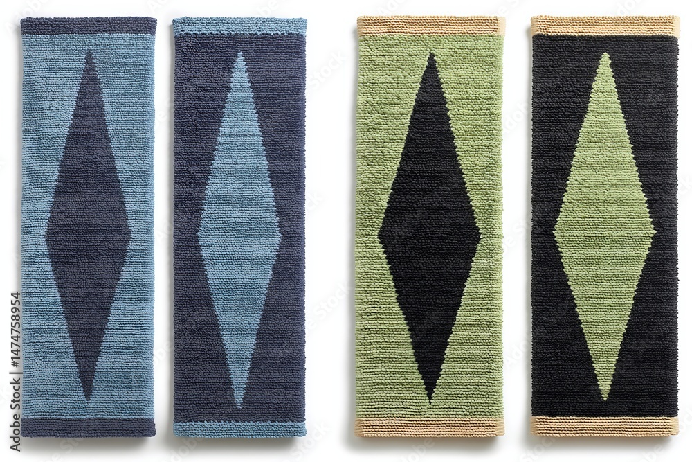 Leinwandbilder Colorful geometric rugs displayed in a modern setting showcasing unique patterns and textures in a contemporary design space