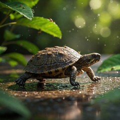 Fototapeta premium Macro Turtle Walking on Stone – World Turtle Day | World Sea Turtle Day | Sea Turtle | Save Turtle | 4K HD High Quality Turtle Laptop Desktop 16:9 Wallpaper Background