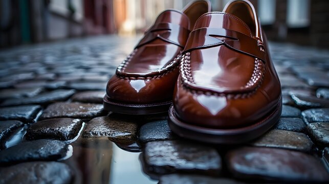 Elegant Brown Leather Loafers on Cobblestone Street with Reflection