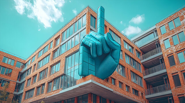 Teal hand pointing at modern brick building bright sky background