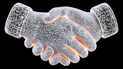 Glowing network of wires shaped like handshake symbolizing connection and trust in technology